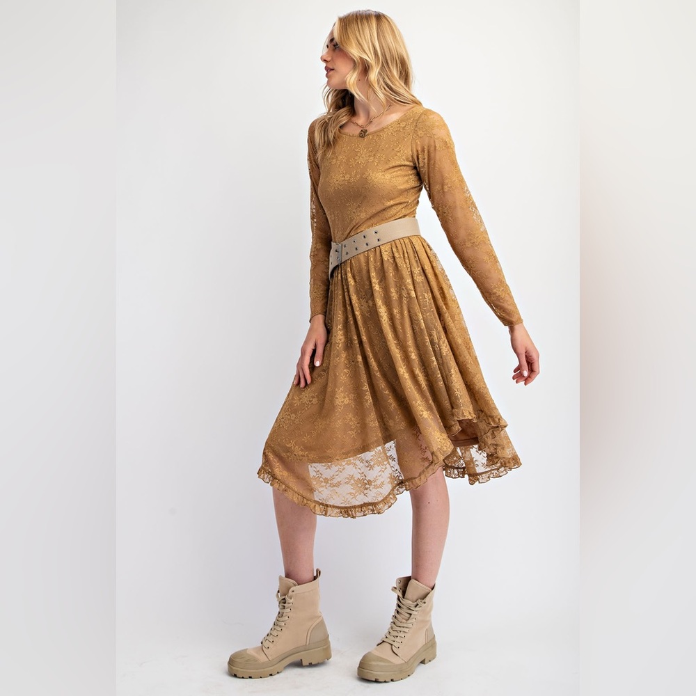 easel Gold Lace Long Sleeve Midi Dress - Picture 2 of 3